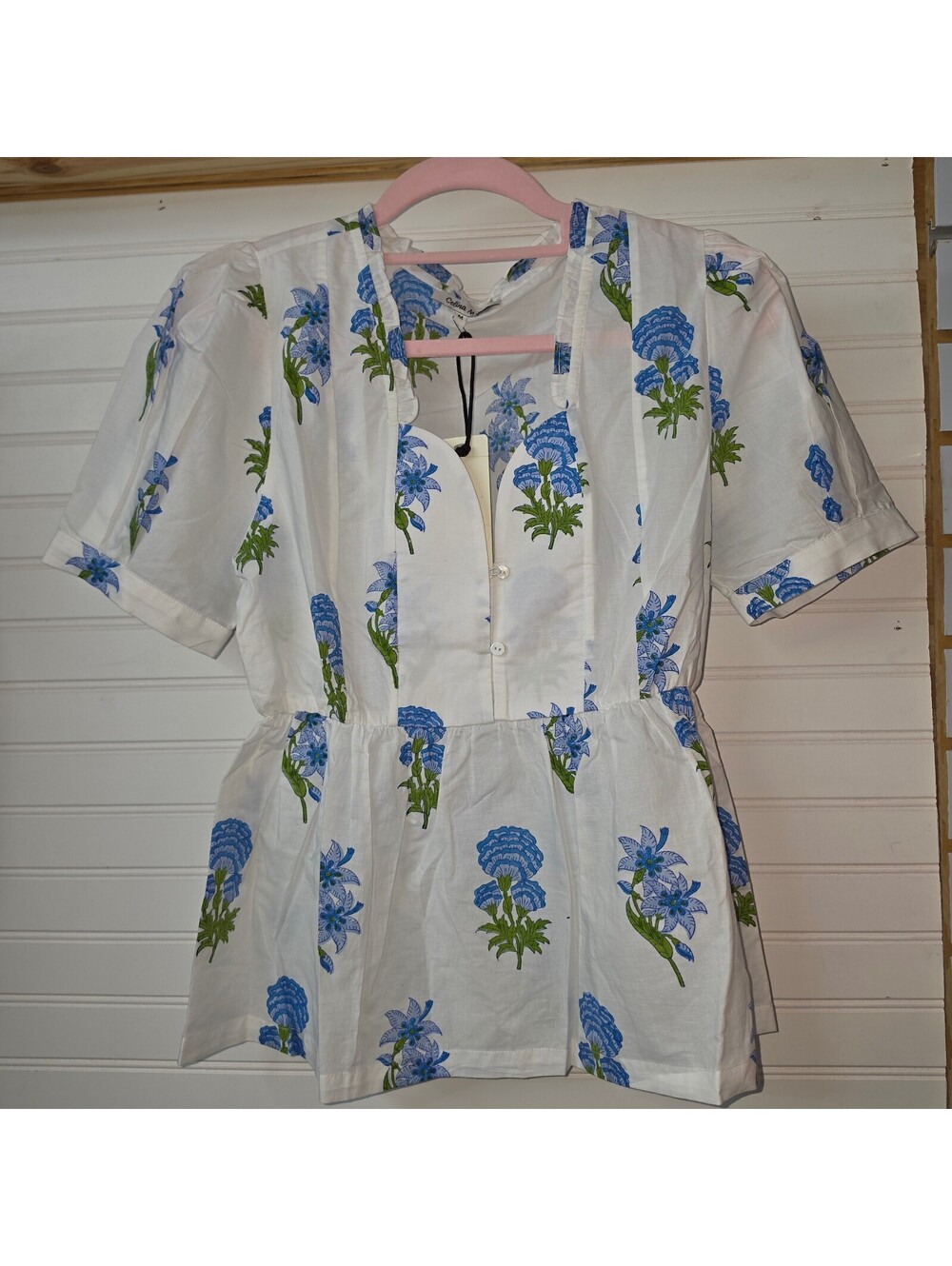 Celina Moon Blue Green Floral Block Print Cotton Peplum Blouse – Medium NWT